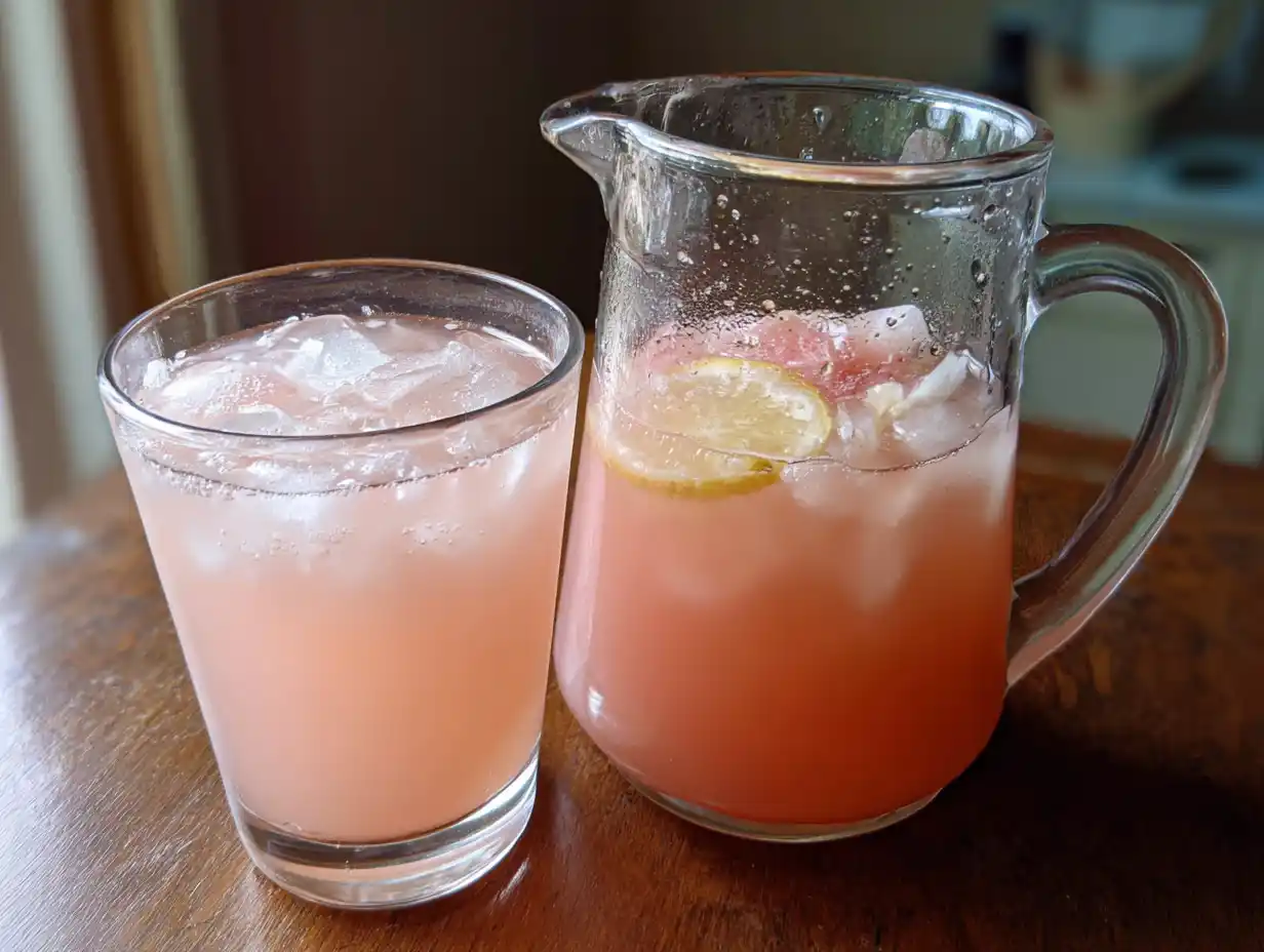 rabarber drink i glaskanna och glas med ljus rosa färg, is och tydlig hemmagjord känsla.