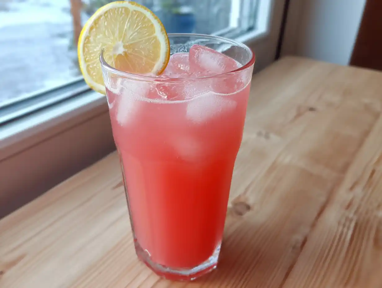 Rabarber lemonad i högt glas med is, rosa färg, citronskiva och myntablad, naturligt ljus