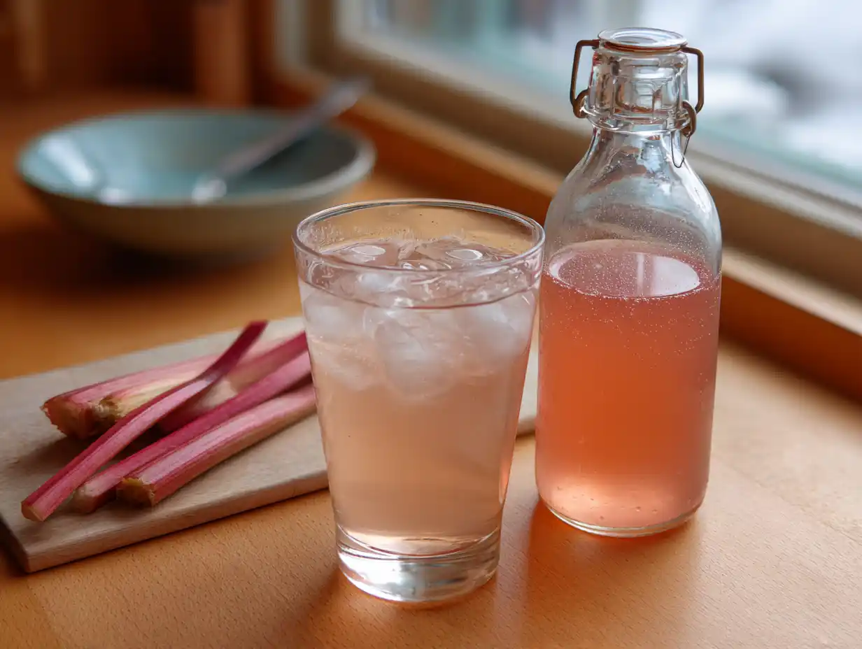 rabarber sockerlag i glasflaska med ljus rosaton och bitar av rabarber bredvid på ett enkelt köksbord hemma.