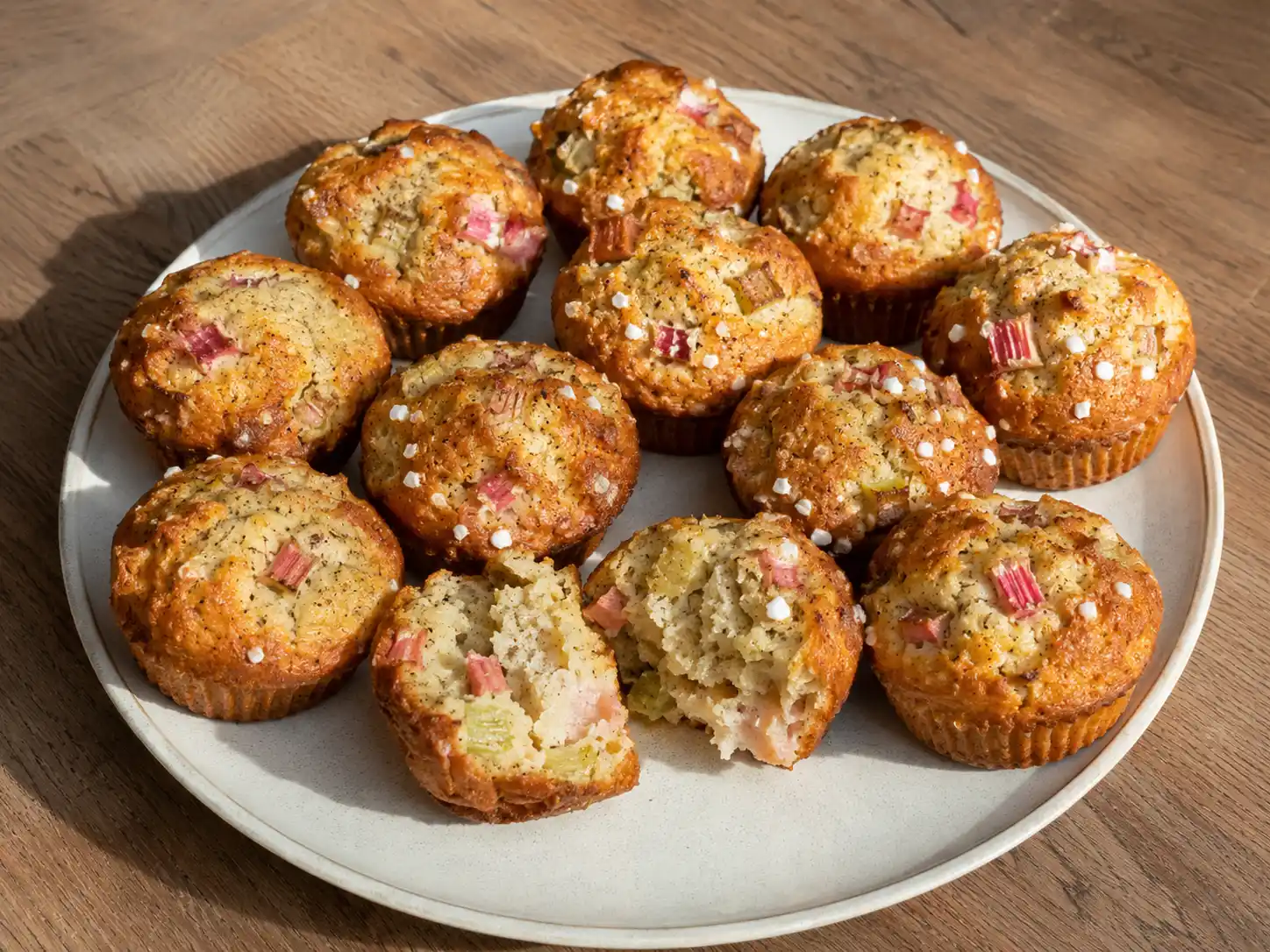 rabarbermuffins med gyllene yta, synliga rabarberbitar och pärlsocker på ett enkelt fat
