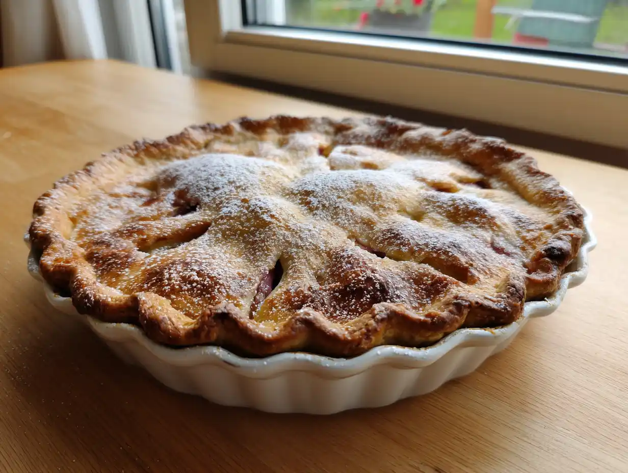 Rabarberpaj kardemumma i form med gyllenbrun krispig smuldeg och rosa rabarber under