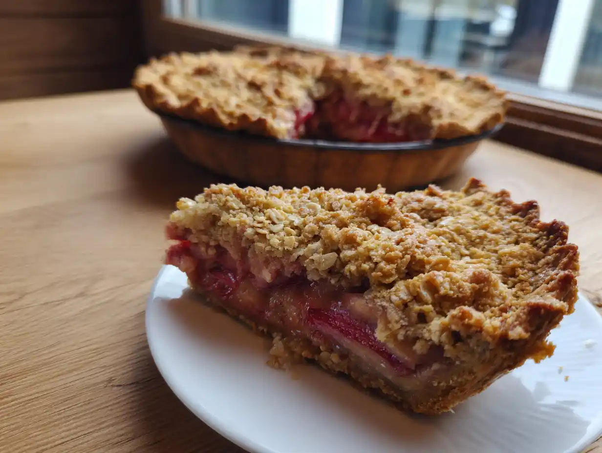 Rabarberpaj med havregryn i form, krispig havretopp och rosa saftig fyllning, naturligt ljus