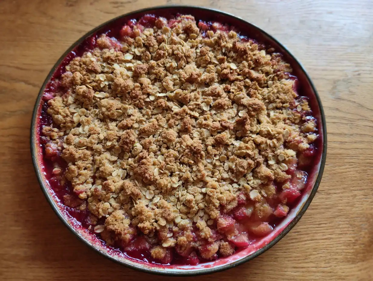 Rabarberpaj smulpaj i rund ugnsform med gyllenbrun smultopping och rosa rabarber, naturligt ljus