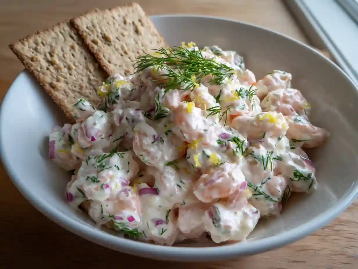 Räkröra med skalade räkor, dill och citron serverad i en skål med knäckebröd och hackad rödlök vid sidan