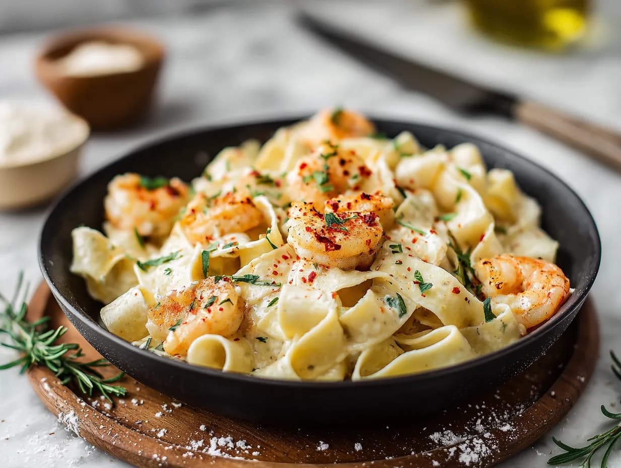 En lyxig räkpasta med papardelle i en krämig sås toppad med chiliflakes, färsk persilja och riven parmesanost.