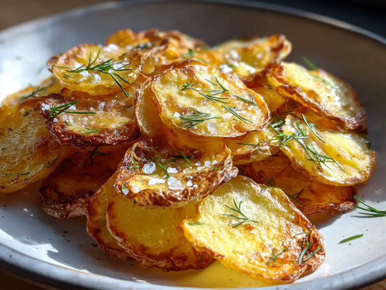 Råstekt färskpotatis i en stekpanna med gyllene yta, flingsalt och färsk dill på en vit tallrik.