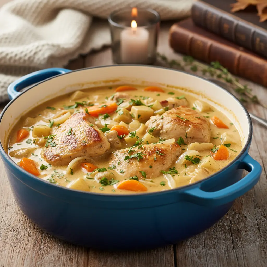 Krämig kycklinggryta med rotfrukter i gryta