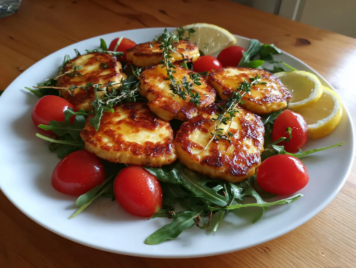 recept med halloumi stekt gyllenbrun med honung och timjan på rucola med citronskivor på tallrik