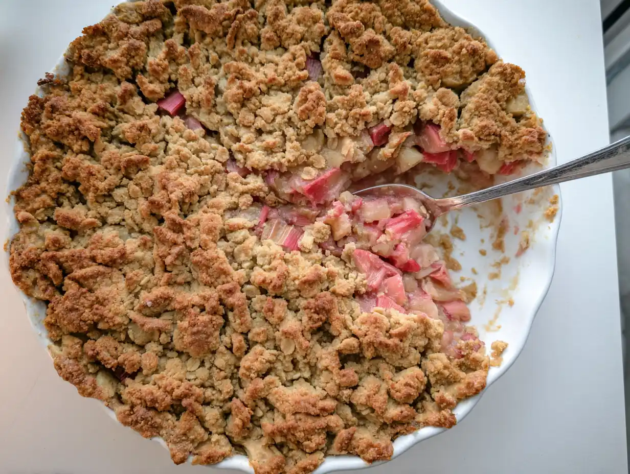 recept med rabarber som saftig paj med rosa fyllning och gyllene smultäcke på vitt fat i enkelt köksljus