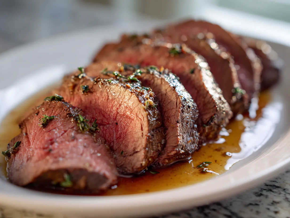 Recept på oxfilé i ugn med hel stek, brynt yta och saftigt rosastekt kött.