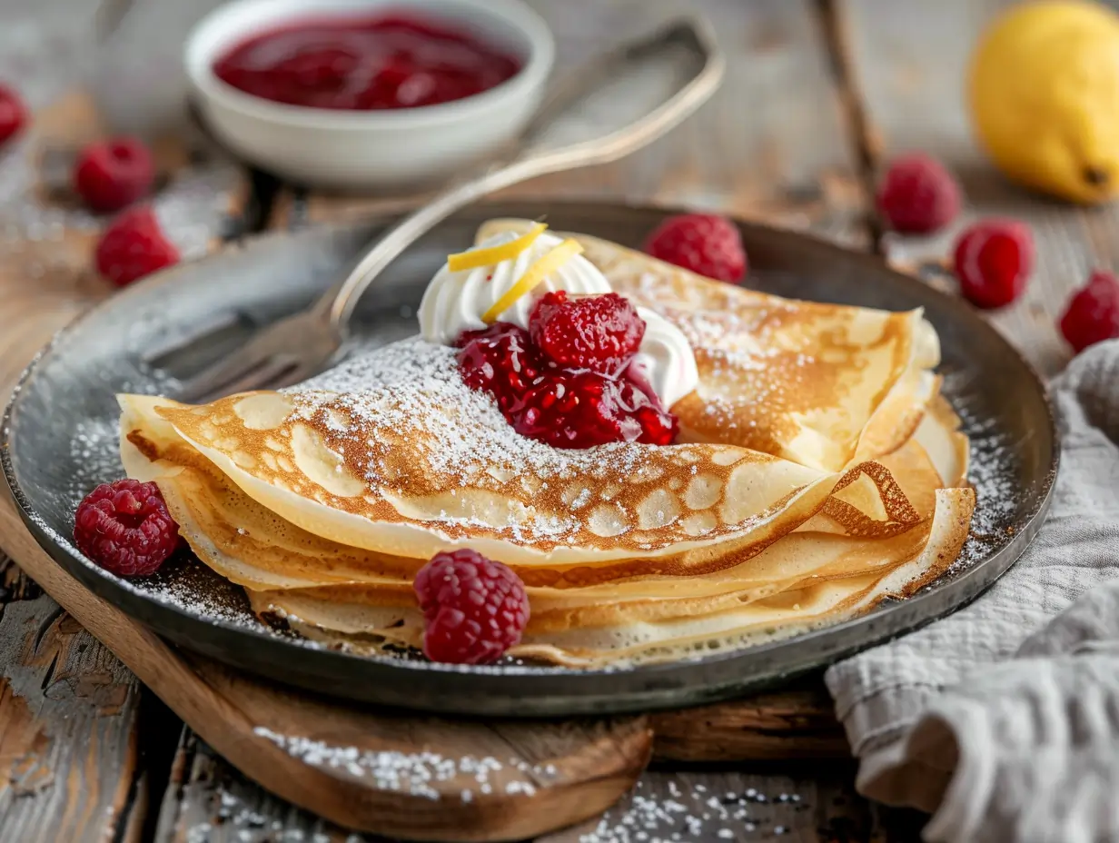 Recept på tunna pannkakor – klassiska svenska pannkakor med hallonsylt och grädde