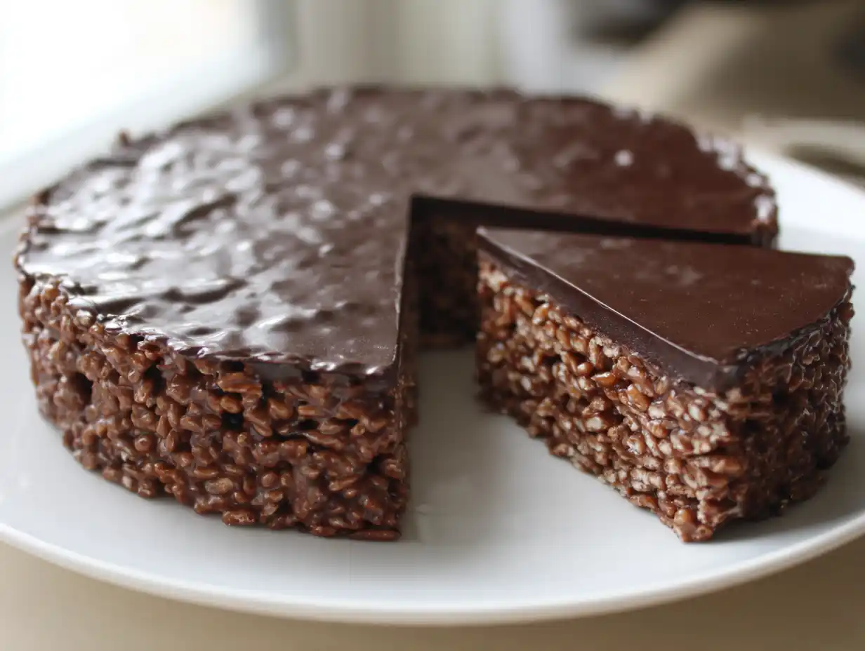 Rice crisp tårta med mörk chokladganache och krispigt yttre lager, skuren bit syns, hemlagad festtårta