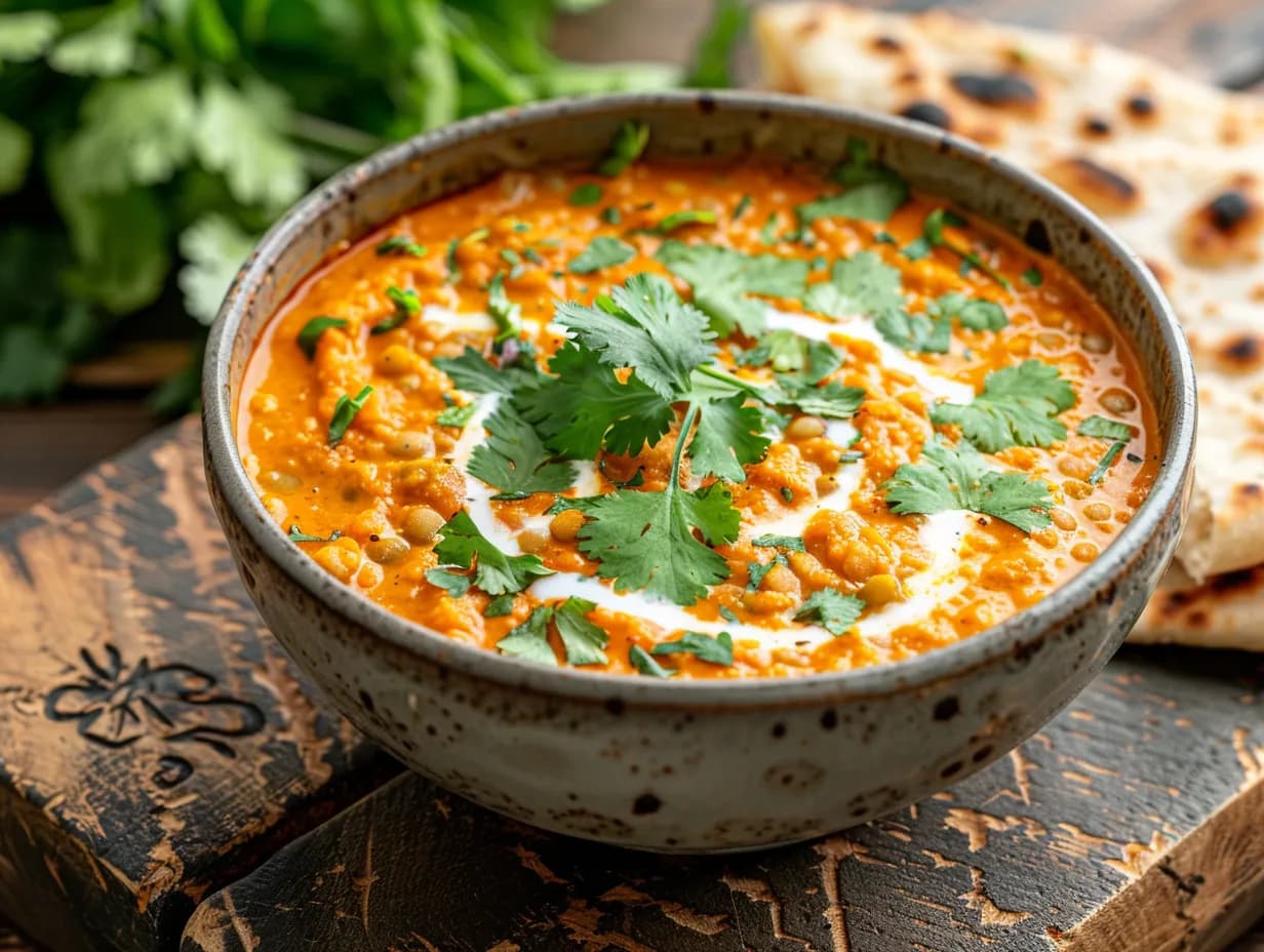 Röd linssoppa med kokos och tomat serverad rykande varm med koriander och naanbröd