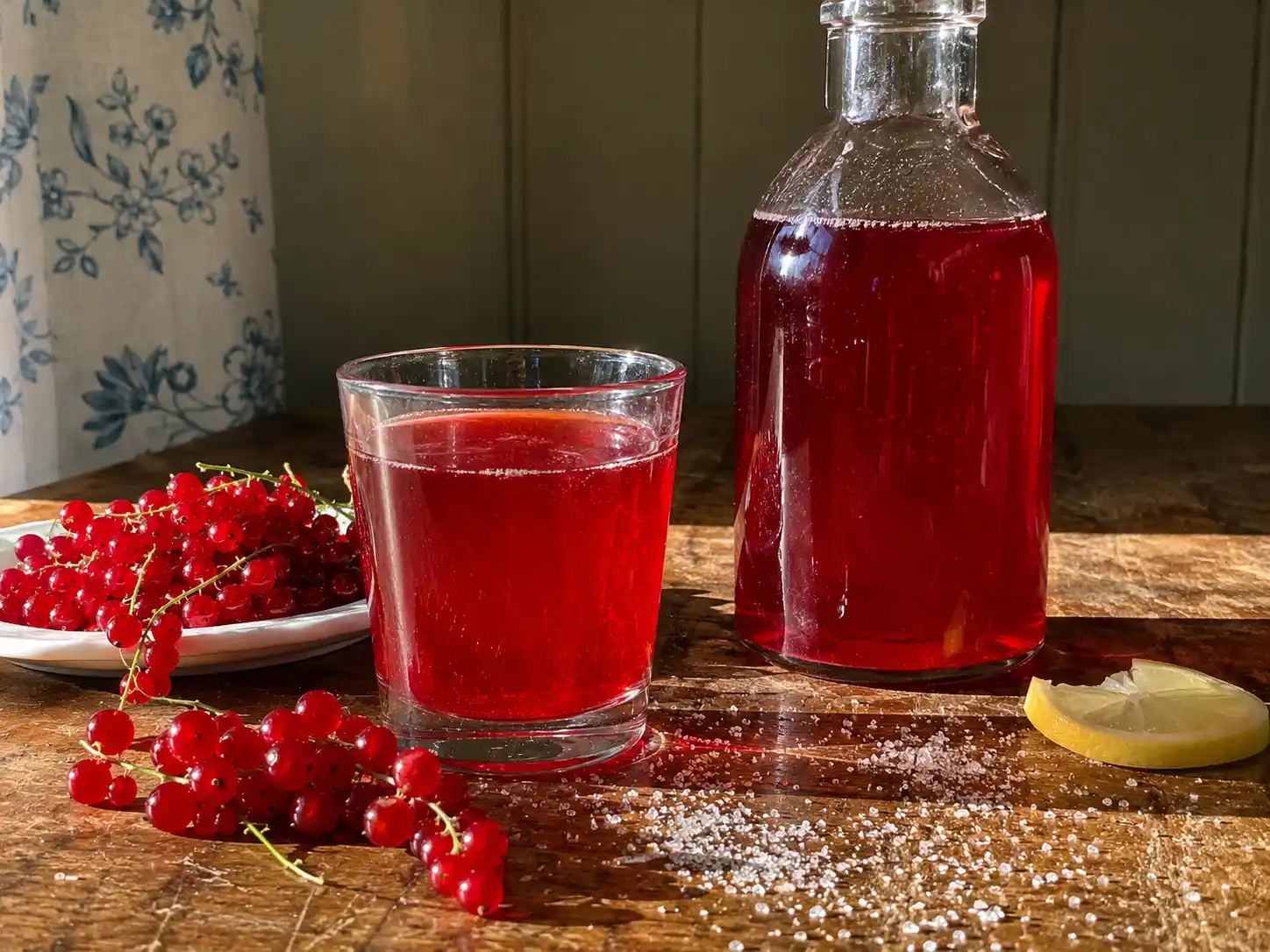 röda vinbär saft i glasflaska och glas med klar röd färg, is och några färska bär bredvid