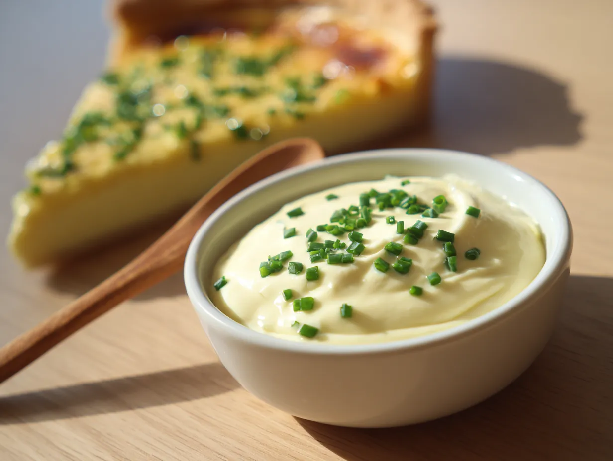 Röra till västerbottenpaj i liten skål med hackad gräslök på toppen, paj i bakgrunden, naturligt ljus