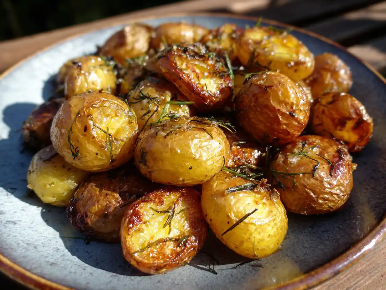 rostad färskpotatis på vit tallrik med dill, gyllene skal och små rostade kanter från ugnen