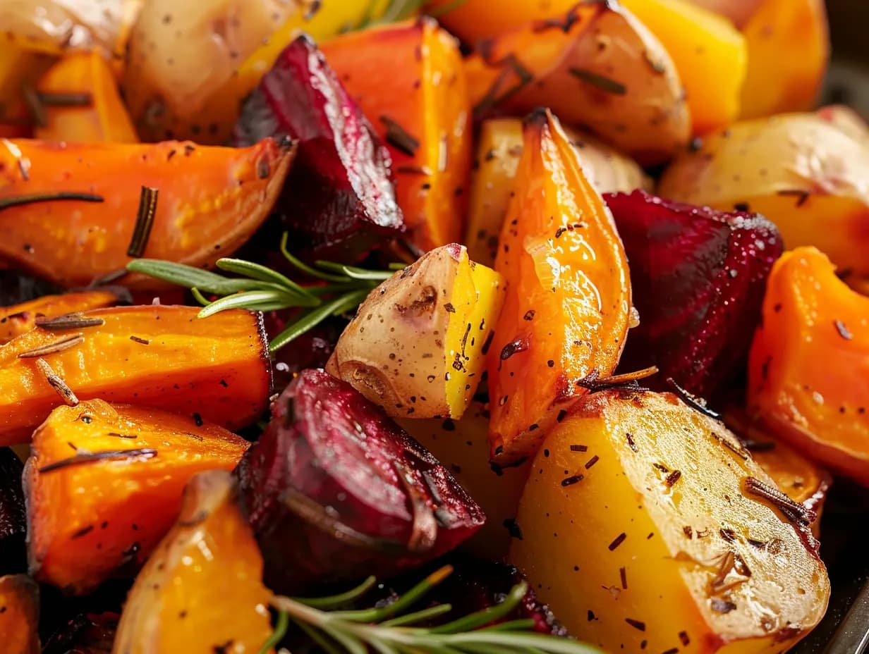 En plåt fylld med gyllene och krispiga rotfrukter i ugn kryddade med färsk rosmarin och flingsalt.