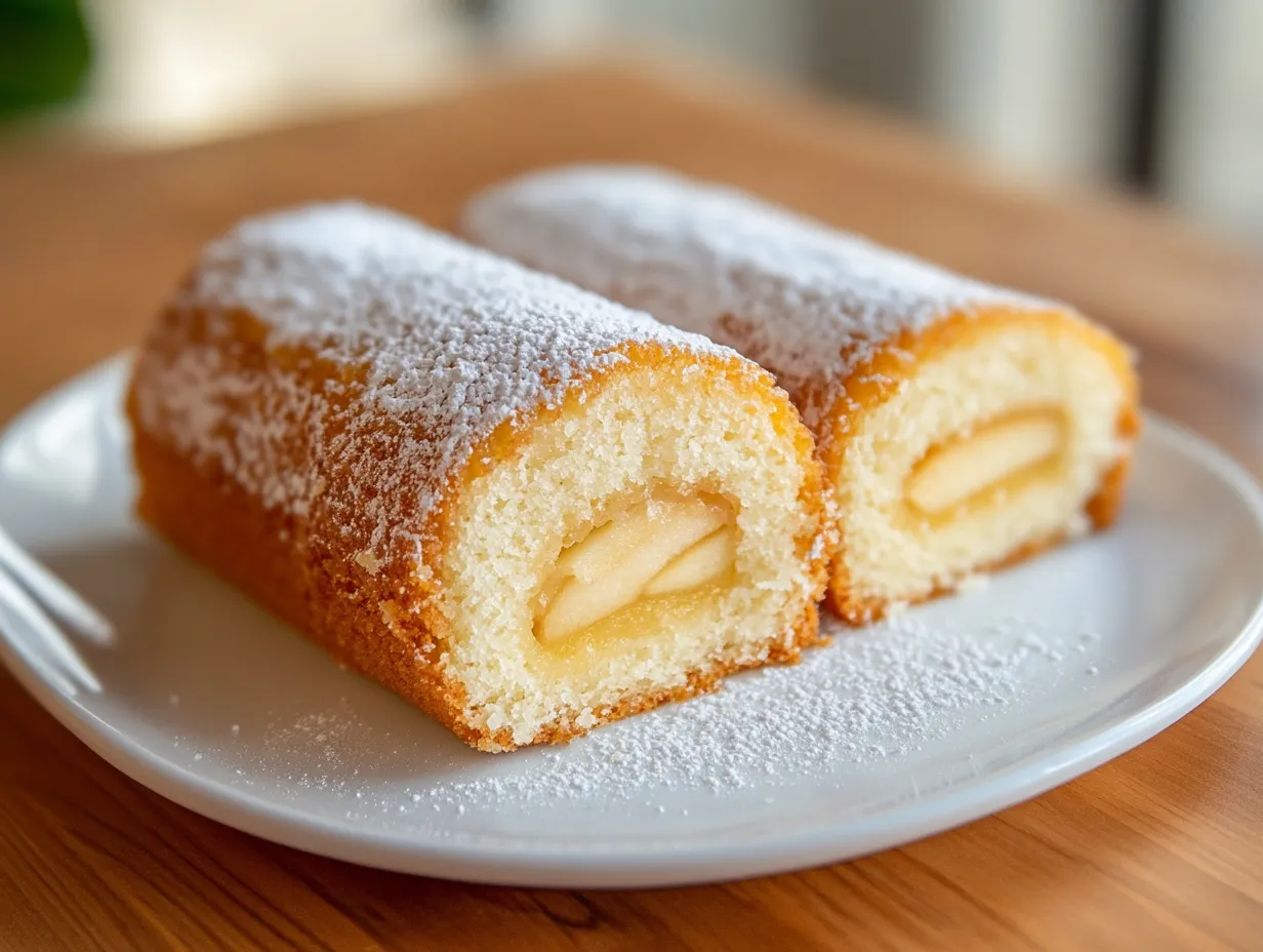 Rulltårta med äppelmos skuren i jämna skivor, beströdd med kanel och socker på ett fat.