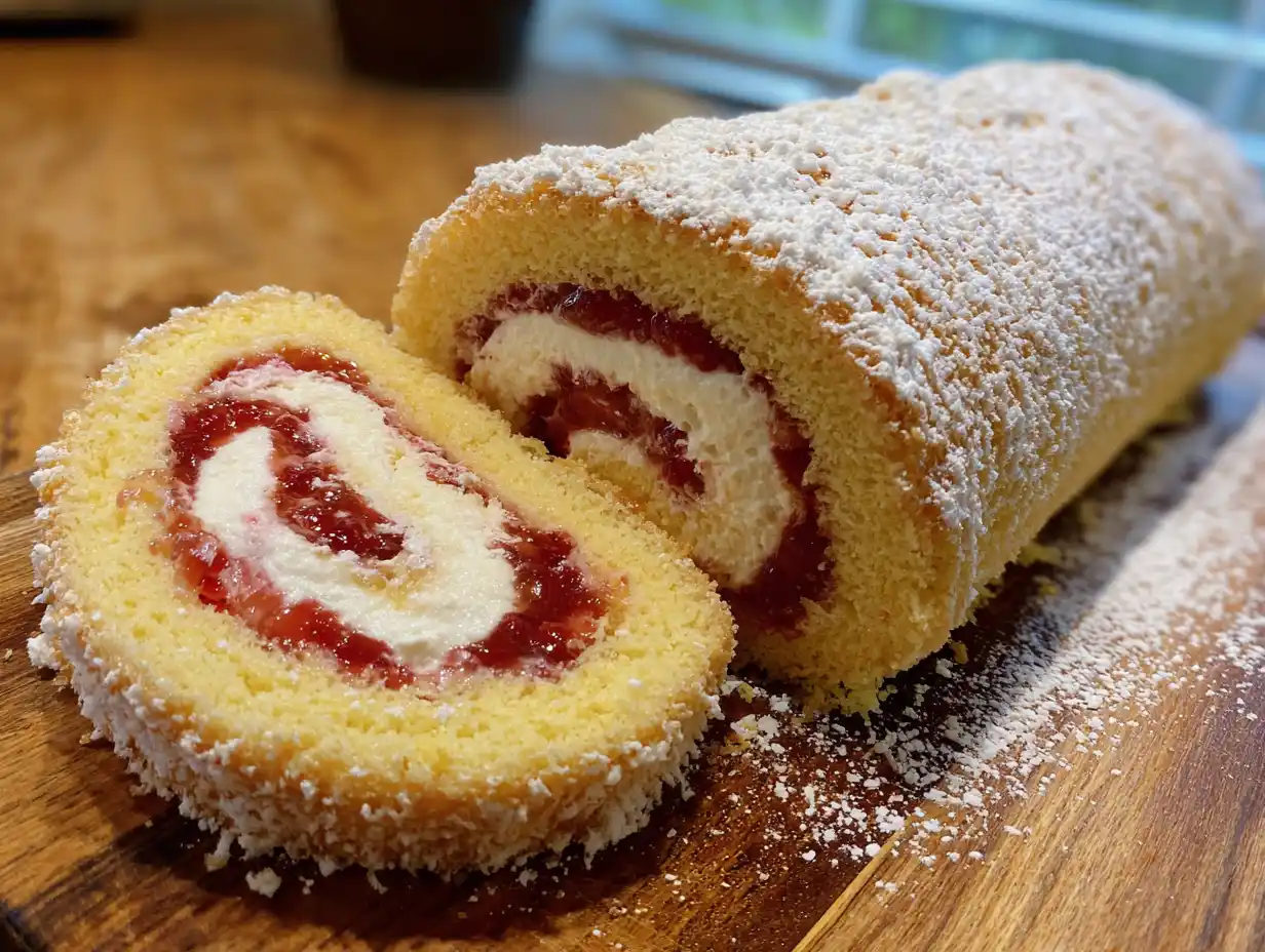 Rulltårta med jordgubbssylt skivad på skärbräda, röd sylt och grädde synligt, pudrat med florsocker