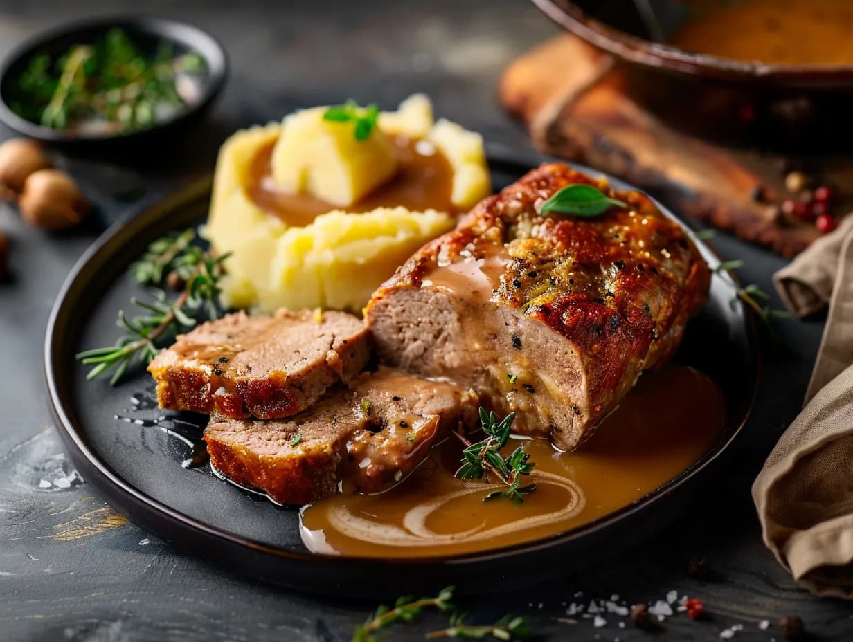 En nylagad saftig köttfärslimpa skuren i skivor, serverad med krämig gräddsås, inlagd gurka och lingon på ett vackert fat.