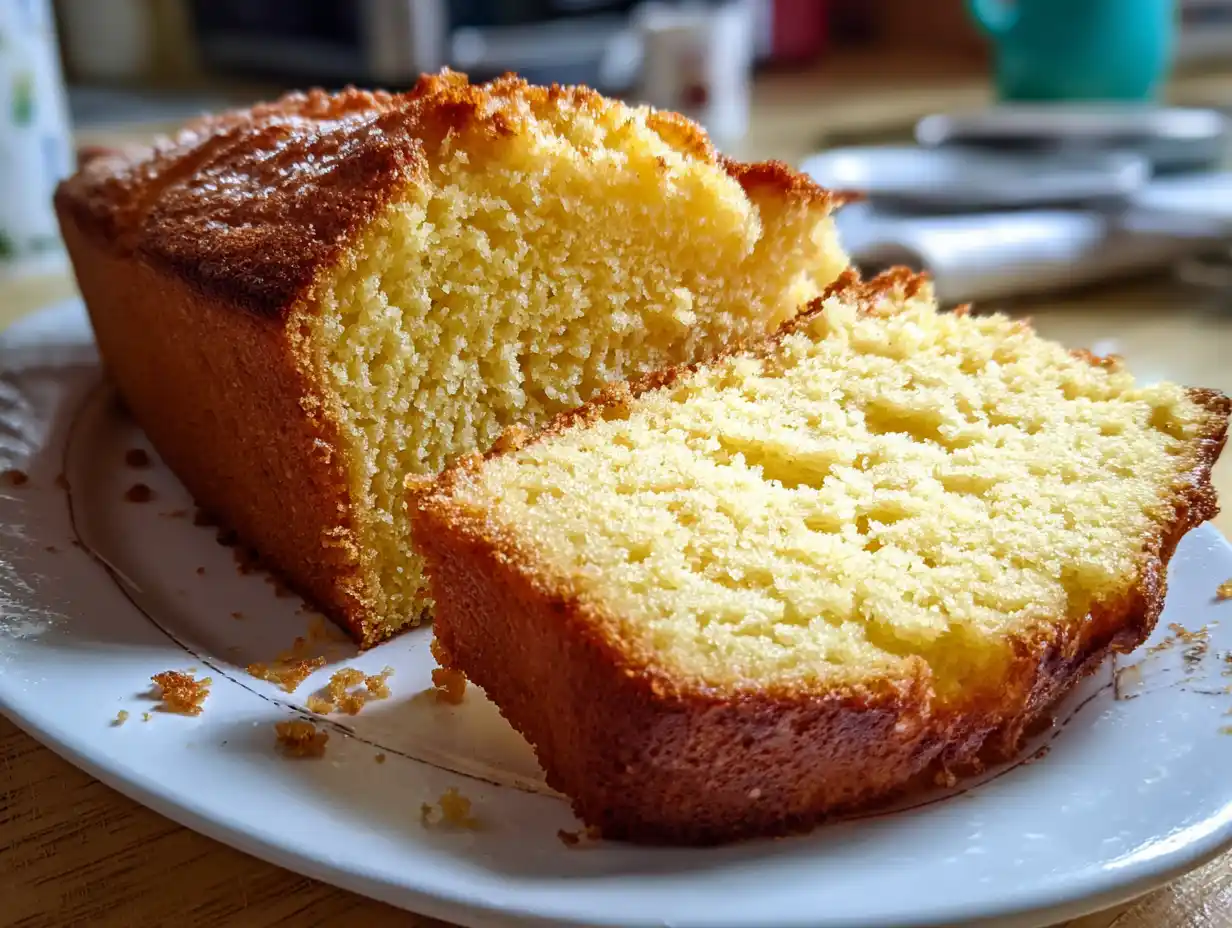 saftig sockerkaka i form med gyllene yta och mjuk, luftig smula som syns i en skuren bit.