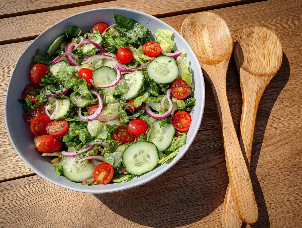 Sallad grillat på fat med grillade grönsaker, rucola, fetaost och balsamico, naturligt ljus