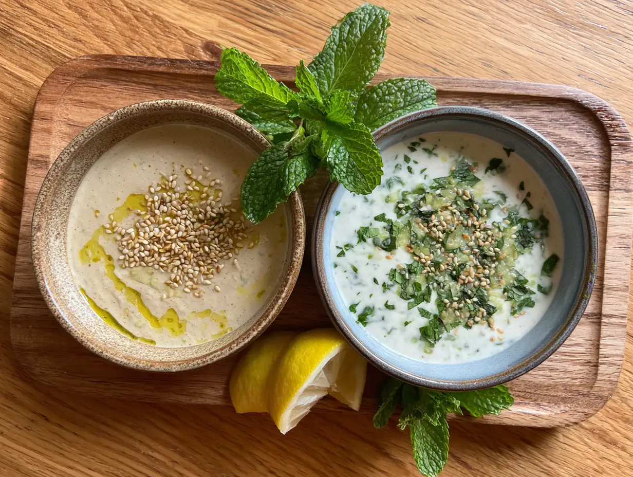 sås till falafel – tahinisås och yoghurtsås i skålar med sesamfrön och mynta på träbräda i naturligt ljus