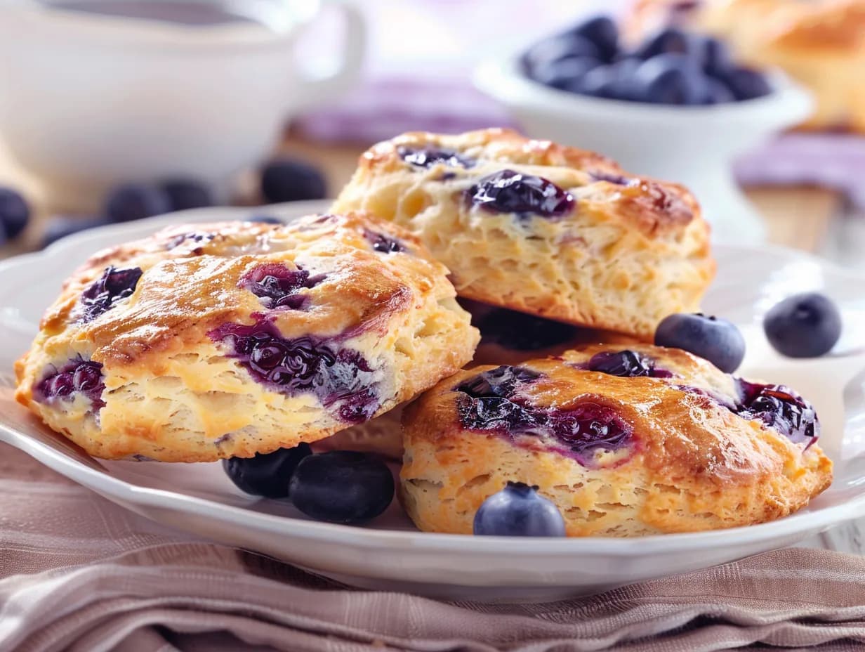 Nybakade scones med blåbär och vanilj på en träbräda, fyllda med smältande bär och serverade med smör och ost.