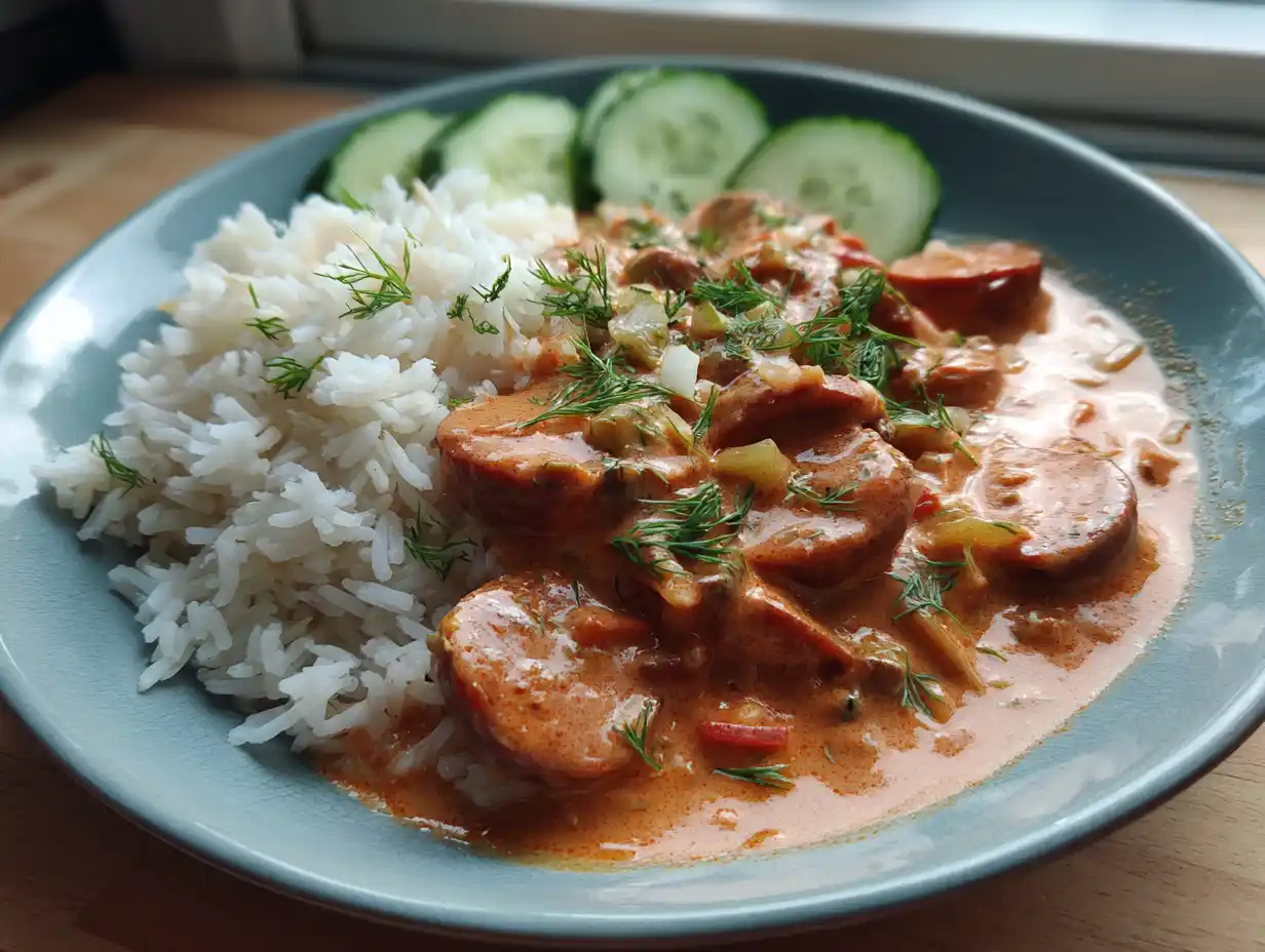 skolans korvstroganoff i djup tallrik med ris, mild tomatsås, stekt falukorv och lök i enkel hemmamiljö.