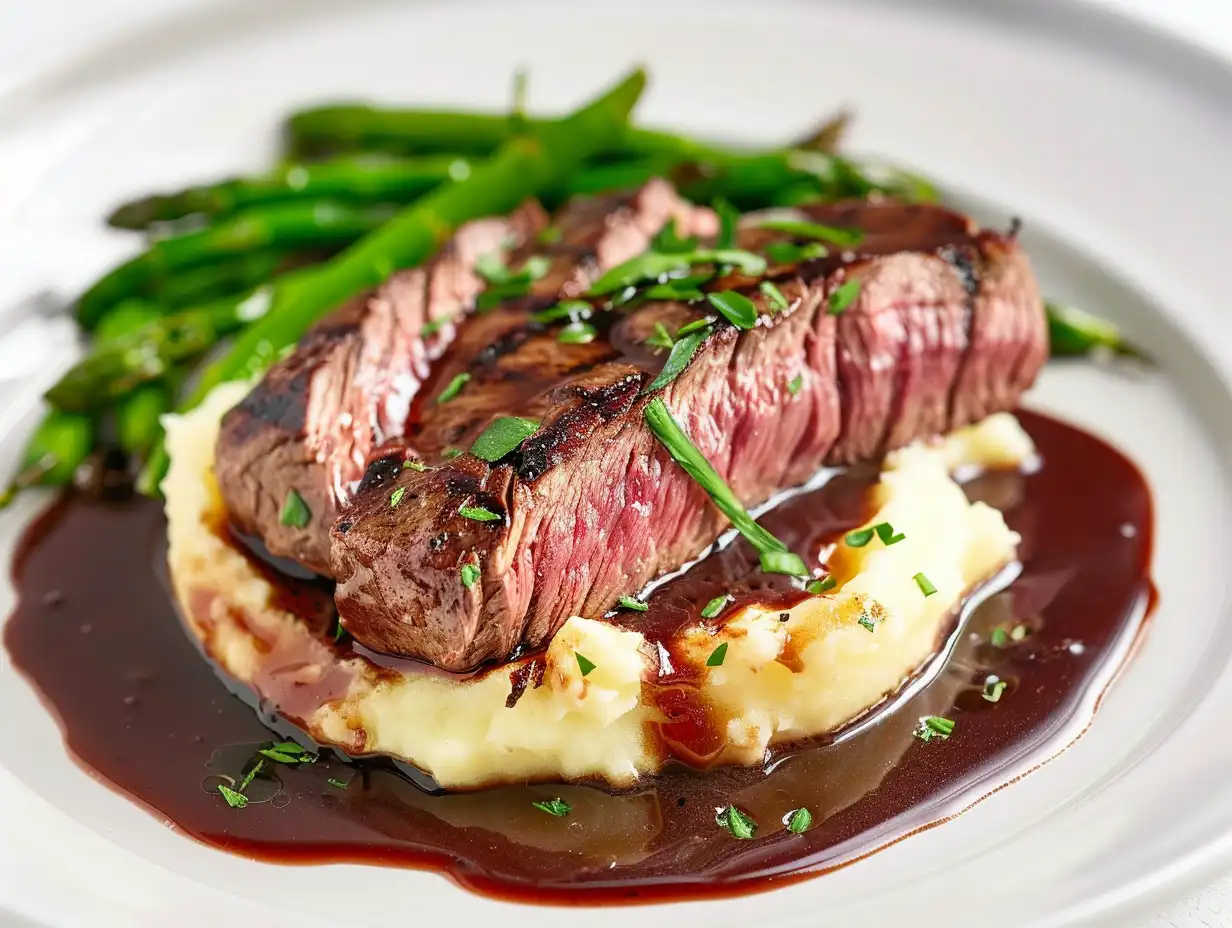 Skomakarlåda serverad med fluffigt potatismos, stekt biff, rödvinssky och haricots verts.