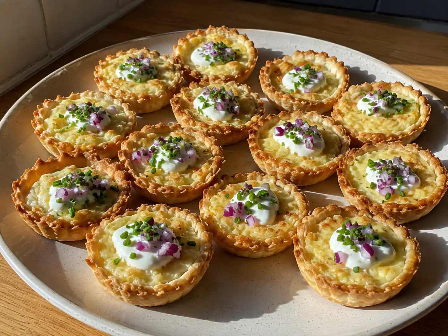 små västerbottenpajer med gyllene kanter, krämig ostfyllning, gräslök och en klick crème fraiche