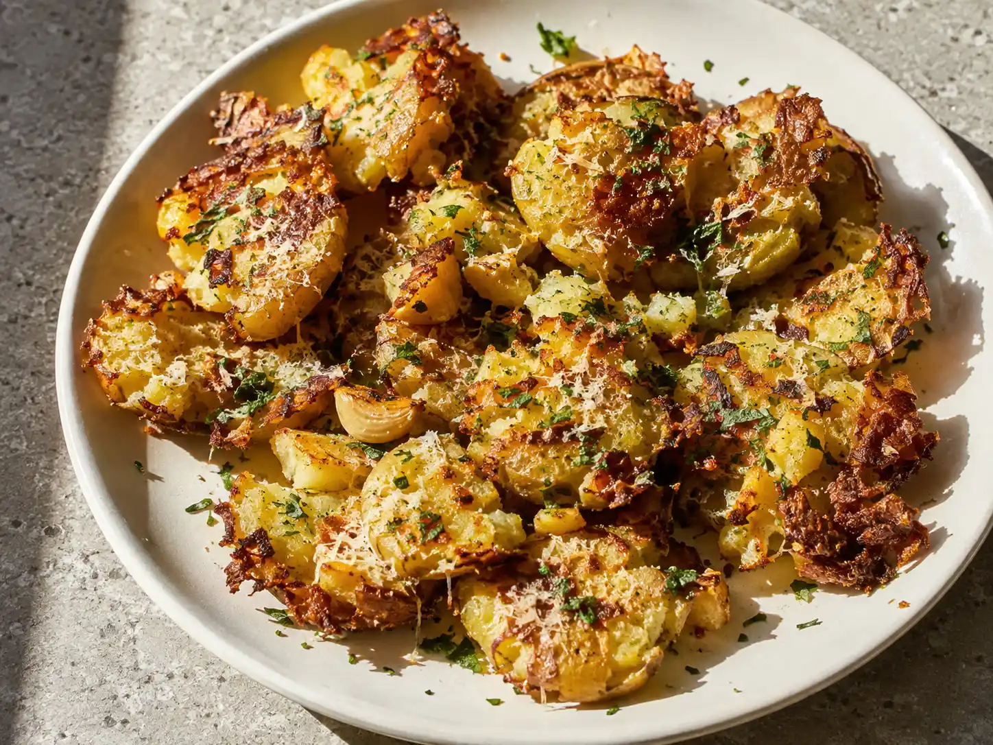 smash potatis med gyllene frasiga kanter, parmesan, vitlök och persilja på en enkel tallrik