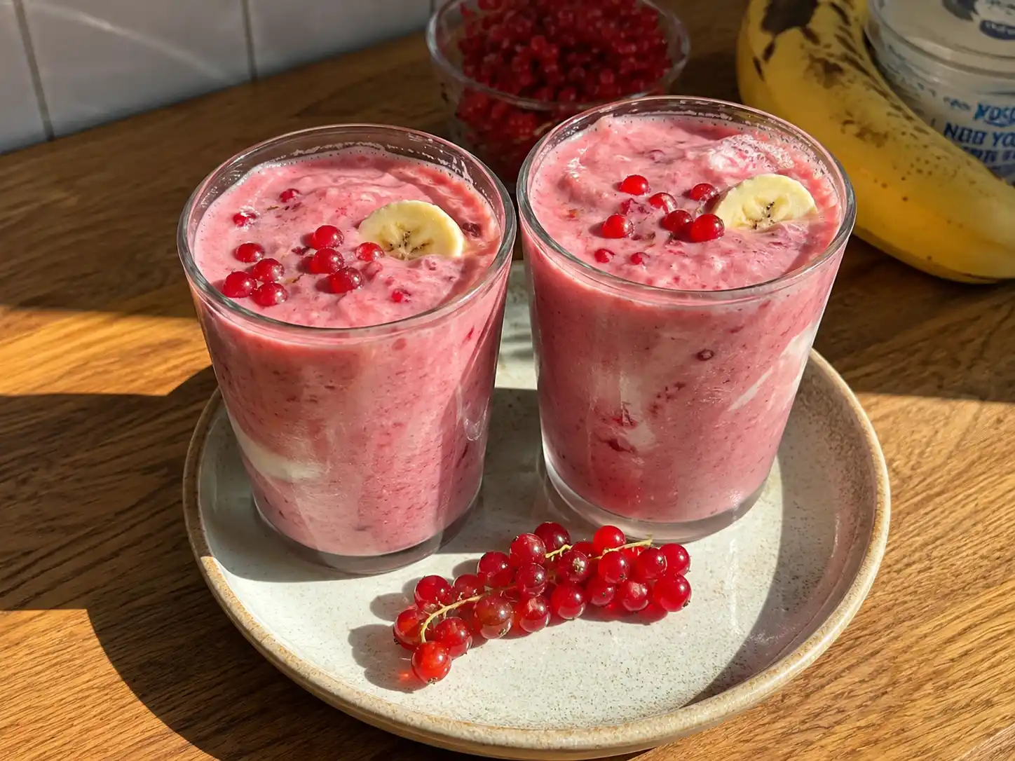 smoothie röda vinbär i glas med rosa färg, banan och yoghurt bredvid på enkelt bord