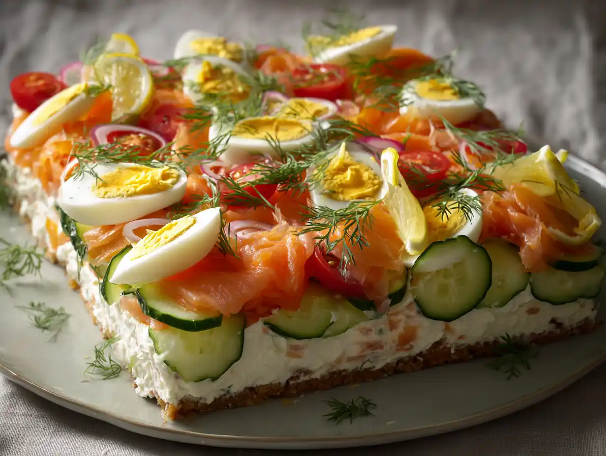 smörgåstårta garnering med rökt lax, ägghalvor, gurka, dill och citron lagd i tydliga rader på krämig yta.