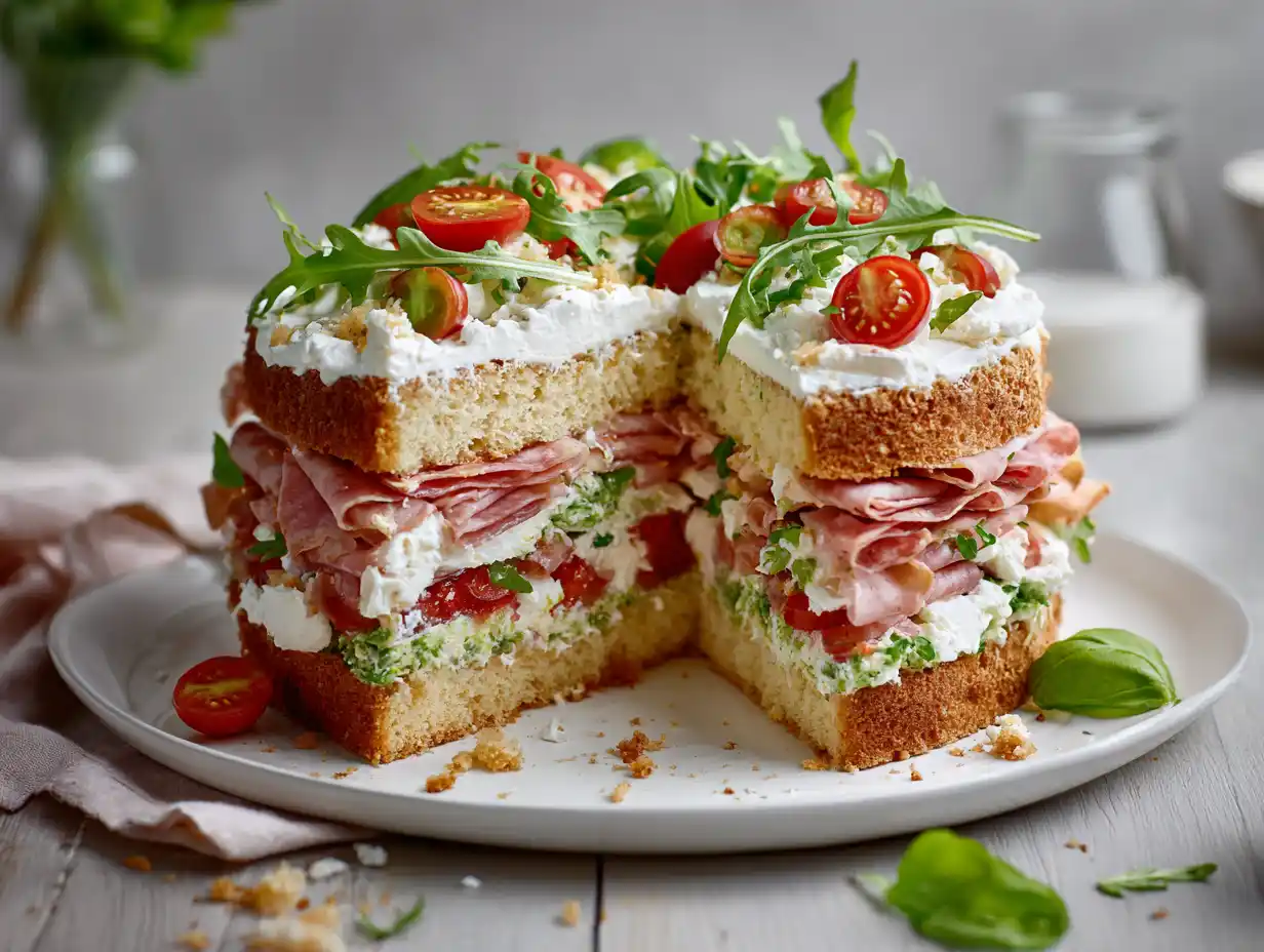 smörgåstårta italiensk på fat med lager av bröd, krämig fyllning, salami, mozzarella, basilika och tomat.