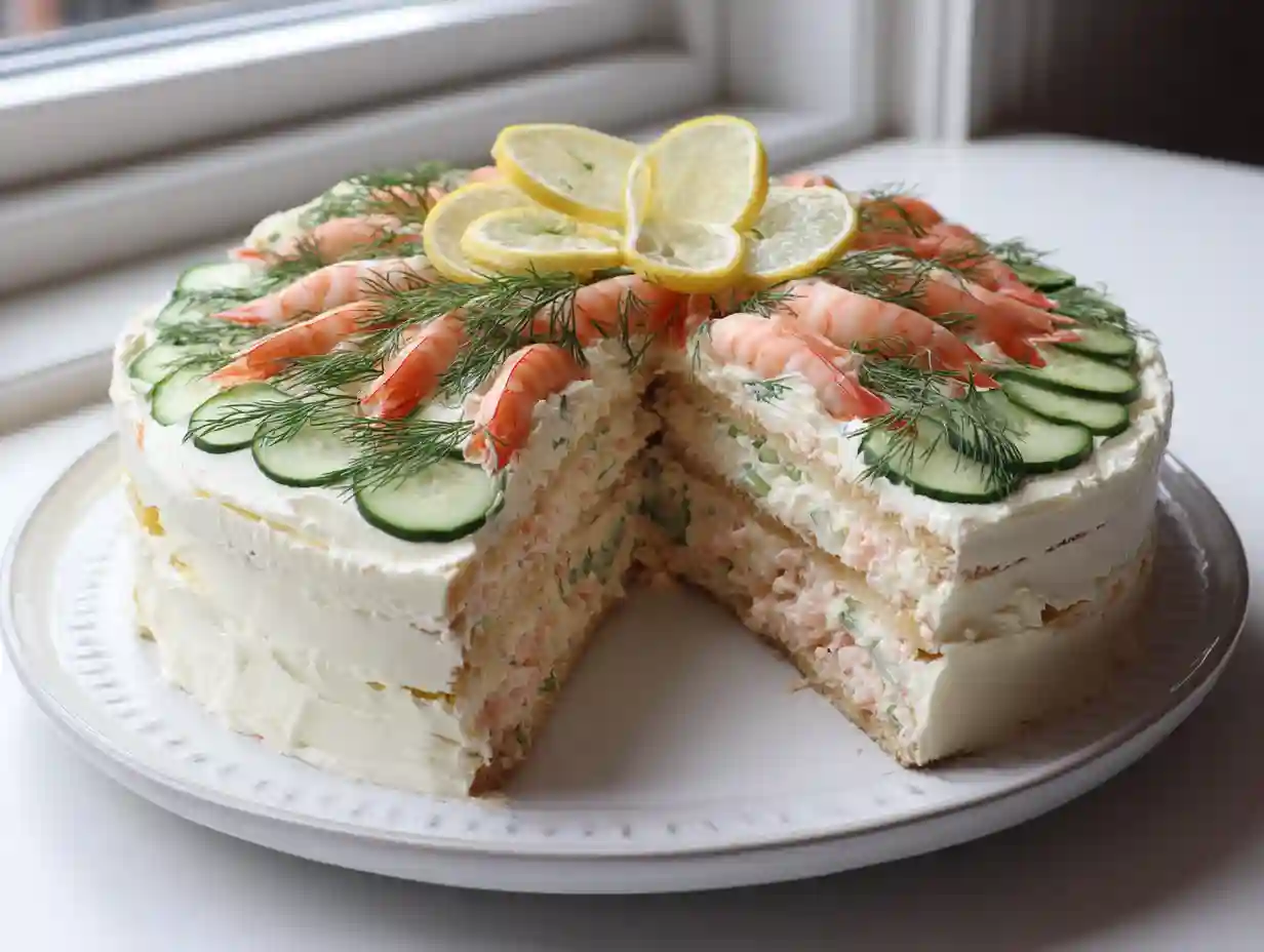 Smörgåstårta räkor med hela räkor, dill och citronskivor på toppen, lager av krämig räkfyllning synliga i sidan