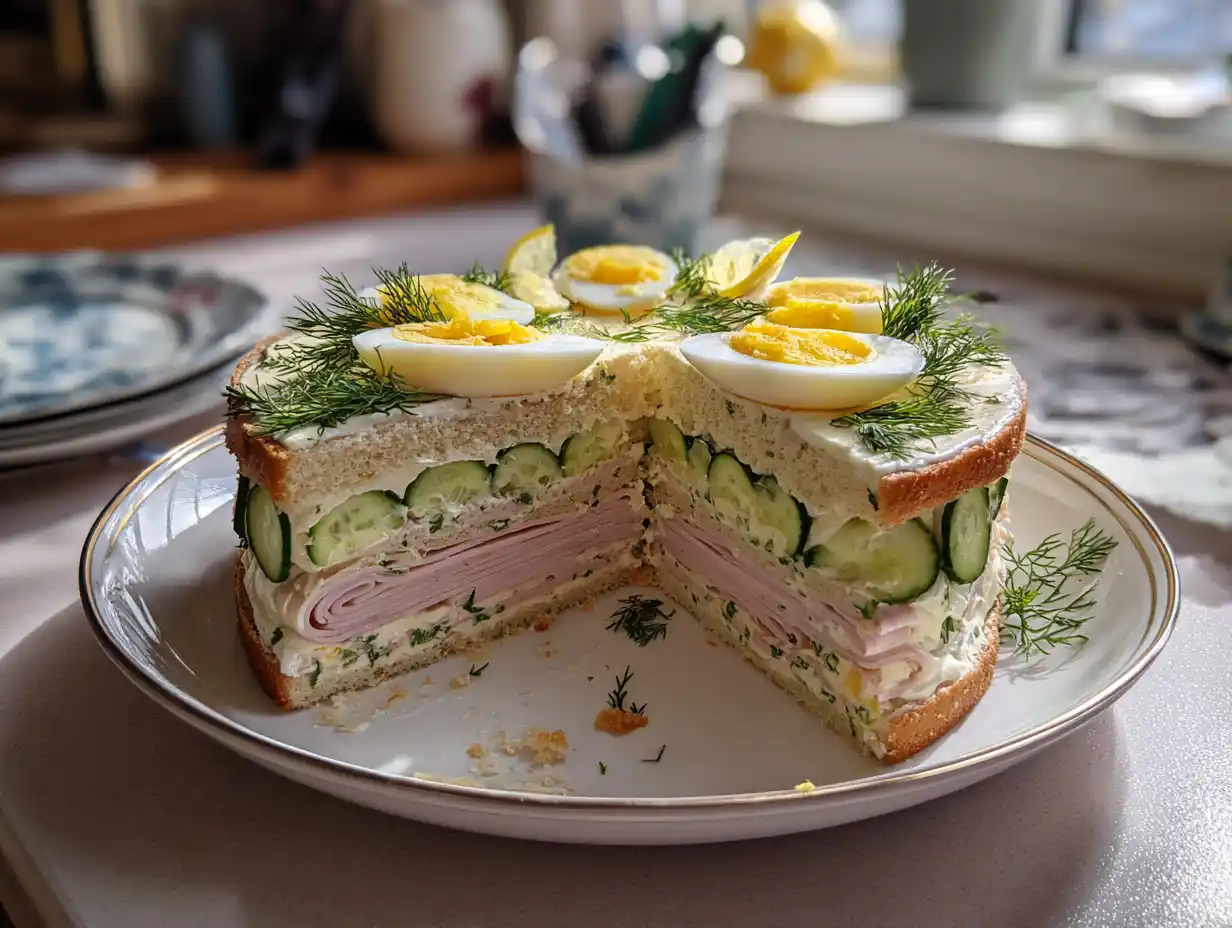 Smörgåstårta skinka på fat med lager av bröd, krämig fyllning, gurka, ägg, dill och skinkrullar.