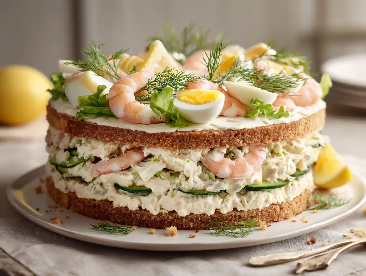 Smörgåstårta på fat med räkor, ägg, gurka, citron och dill i ett enkelt hemmakök.