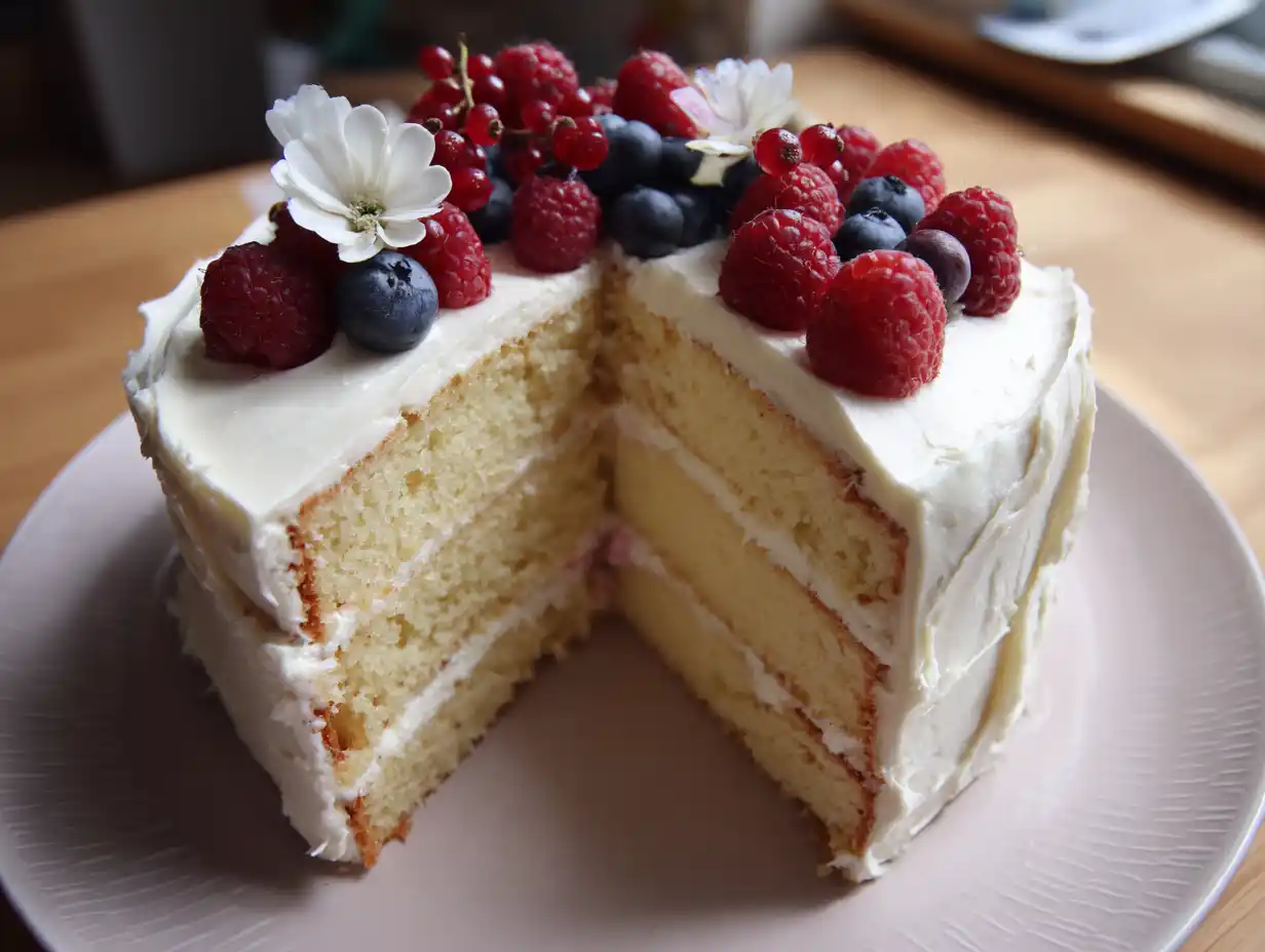 Smörkräm tårta med vit fluffig smörkräm, dekorerad med bär och blommor, hemgjord stil