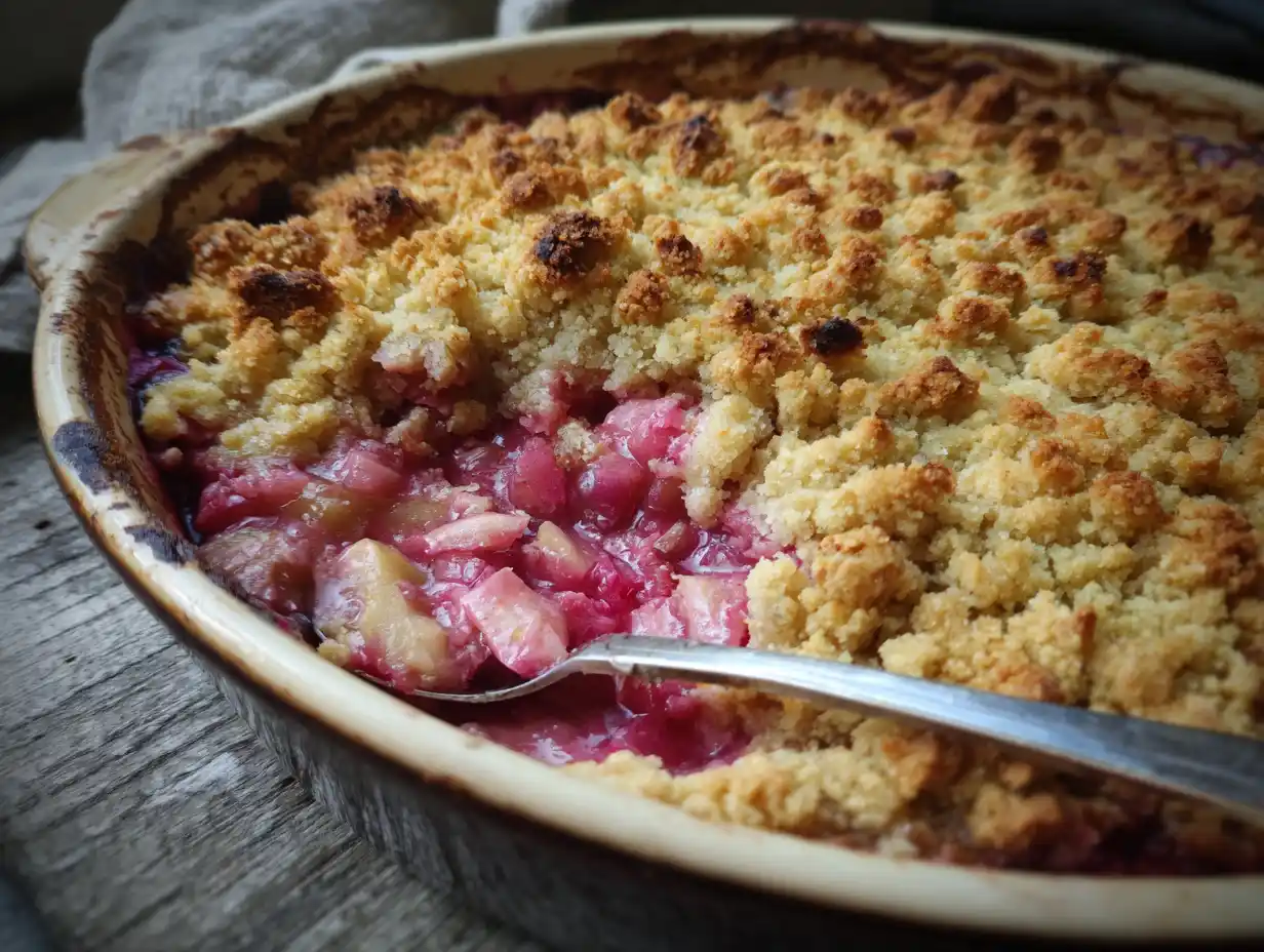 Smulpaj rabarber nybakad i ugnsform med krispig gyllenbrun topp, saftig rosa fyllning syns
