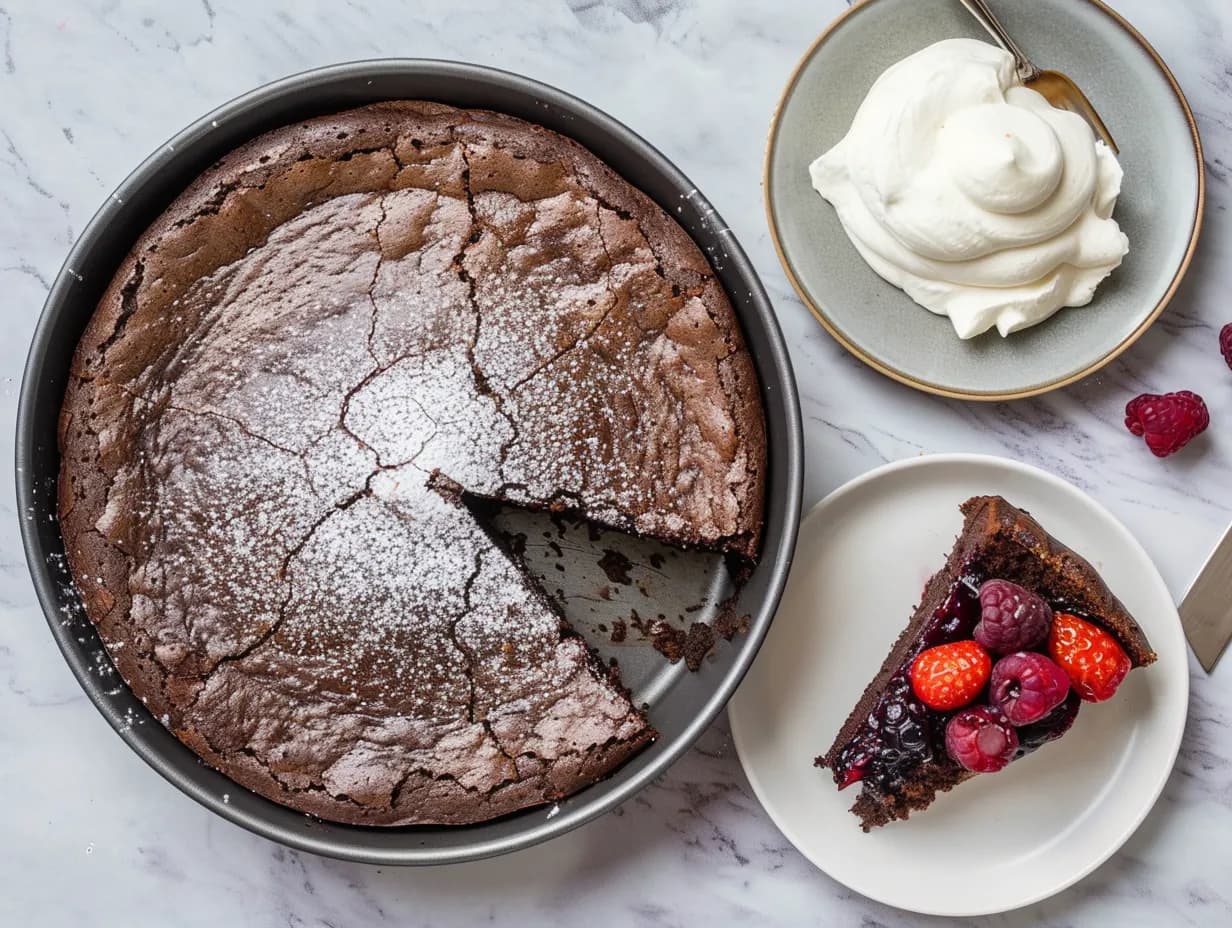 Snabb kladdkaka med kladdig mitt och tunn yta, skuren i bitar och serverad på fat till fika.