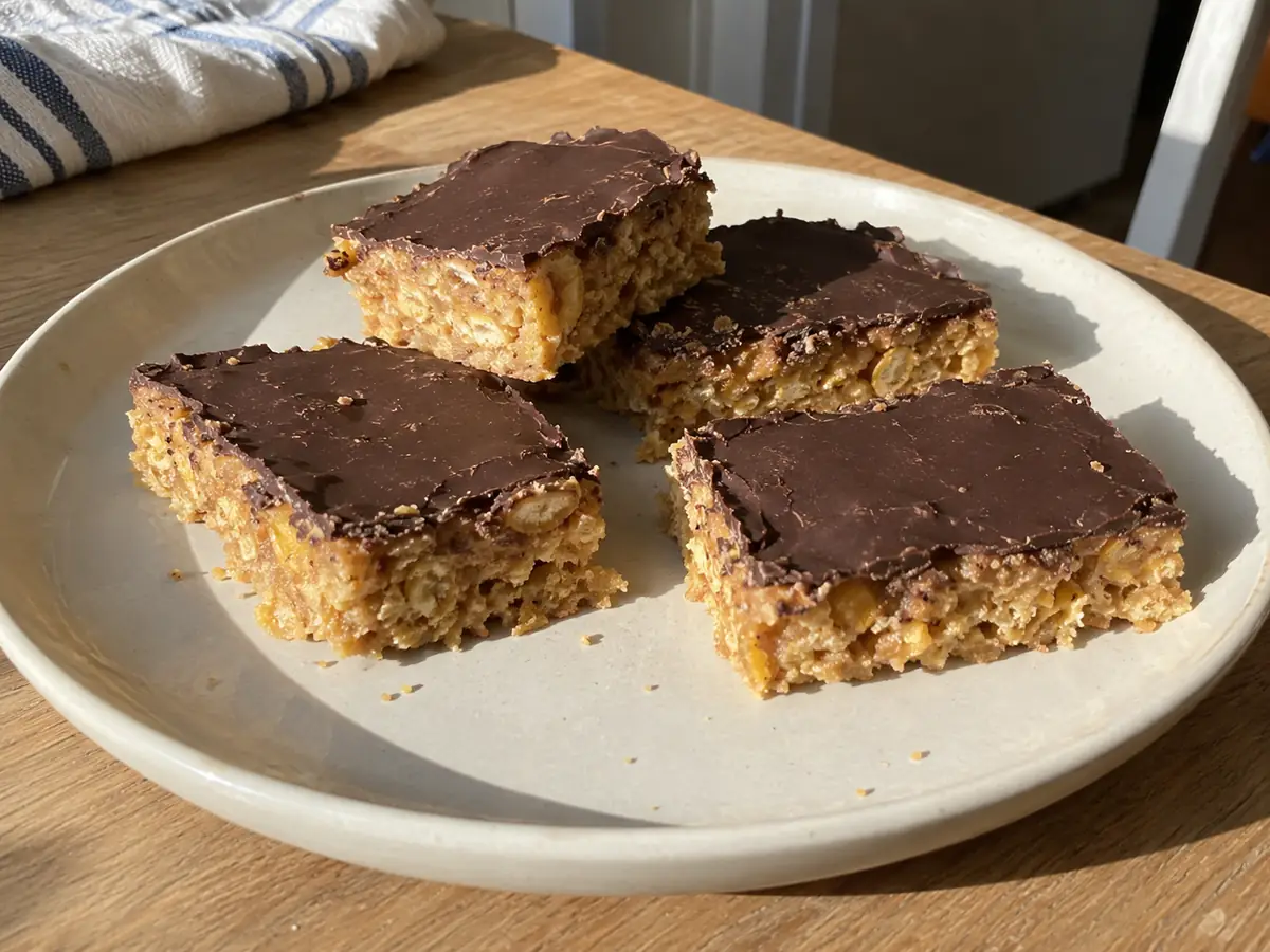 snickerskaka skuren i rutor med krispiga cornflakes i snittytan och ett tunt mörkt chokladtäcke på fat.