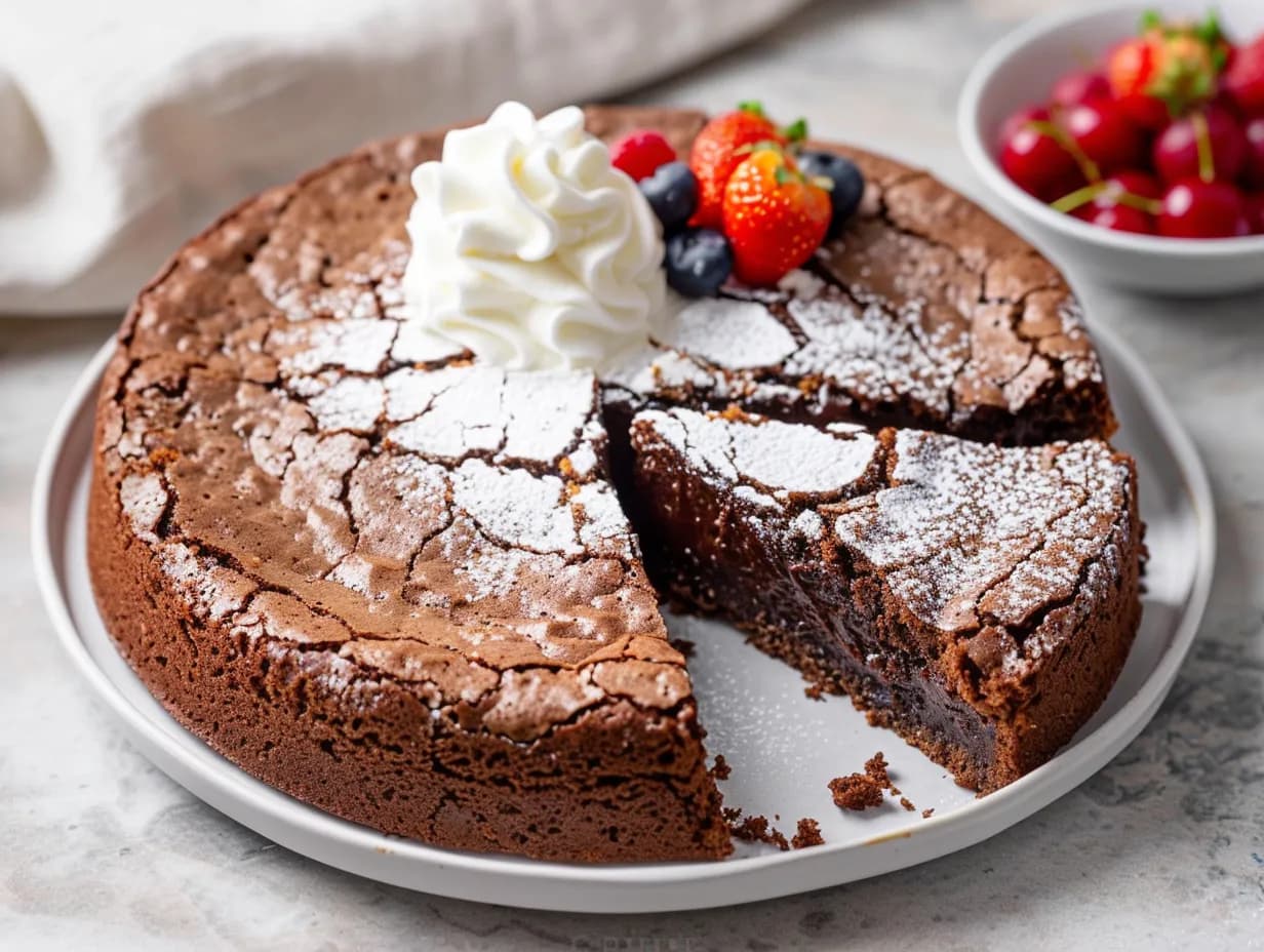 Sockerfri kladdkaka med fudgy chokladkärna i form, pudrad med kakao och skuren i bitar.