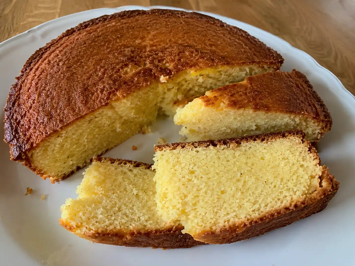 sockerkaka i airfryer på vitt fat, gyllene ovanpå och saftig inuti, skuren i tjocka bitar på enkelt köksbord.