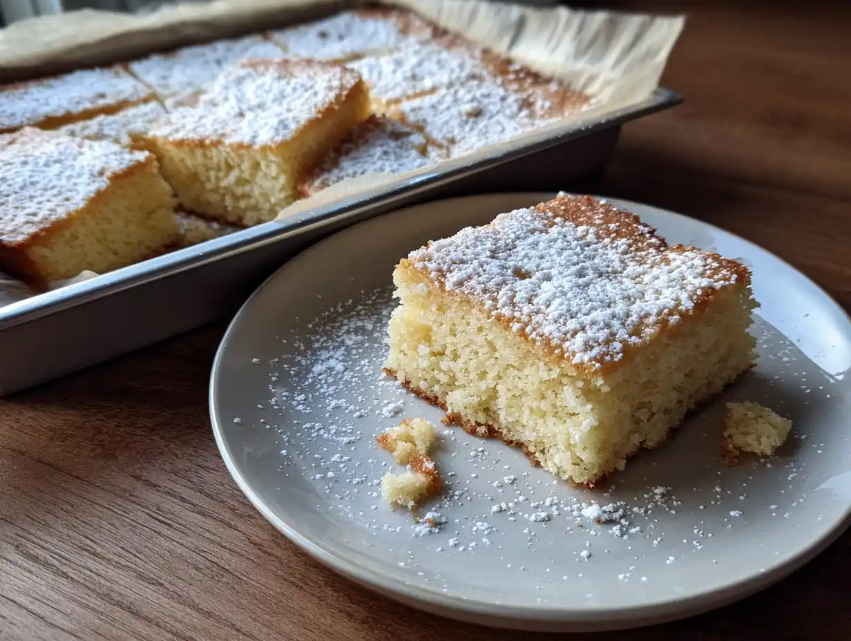sockerkaka i långpanna skuren i rutor med ljus gyllene yta och mjuk, saftig kaka på enkelt köksbord hemma.