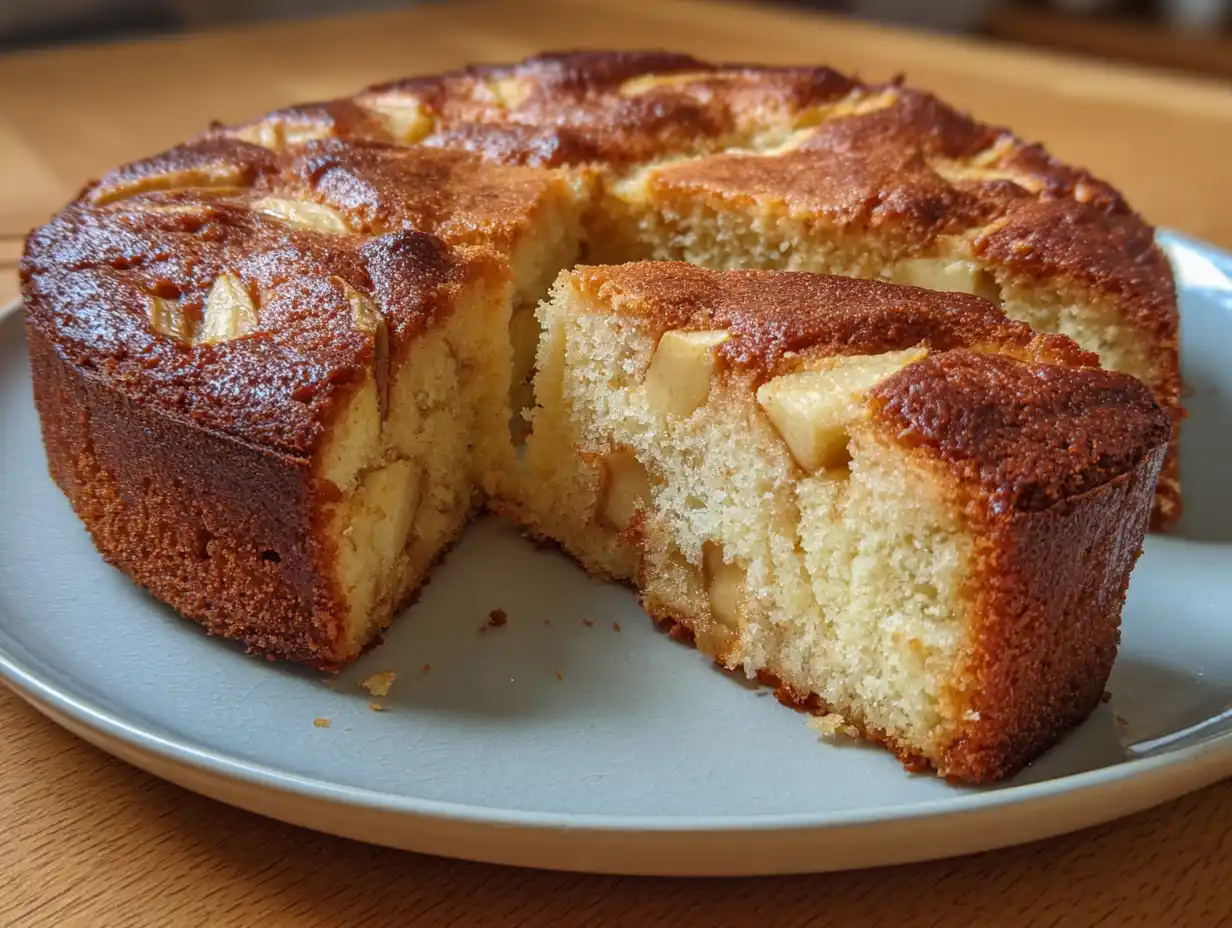 sockerkaka med äpple på fat med gyllene yta, mjuk smula och synliga äppelbitar i kakan.