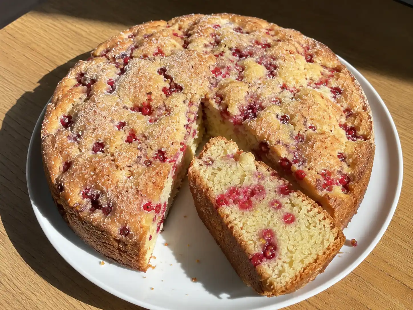sockerkaka med röda vinbär på tallrik, med gyllene yta, synliga bär och mjuk vaniljsmulig kaka