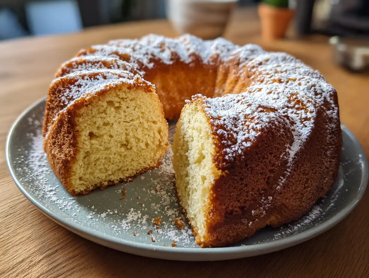 sockerkaka utan ägg på fat med gyllene yta, mjuk smula och lätt pudrat socker ovanpå.