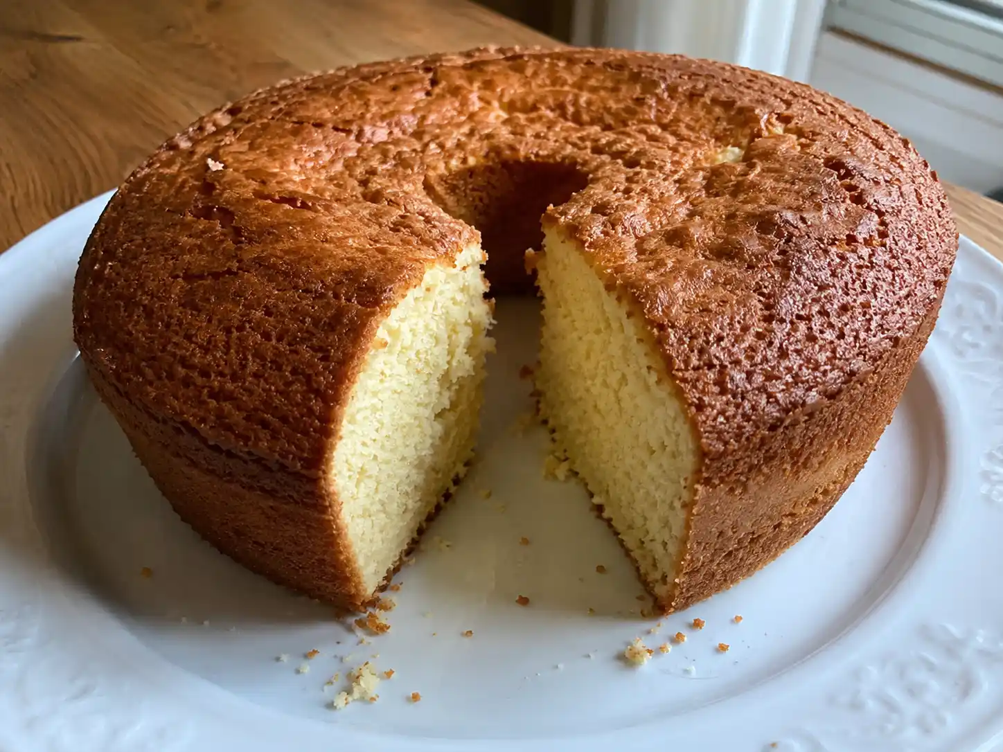 sockerkaka utan mjölk på fat, hög och gyllene med mjuk vaniljsmula på köksbord i dagsljus