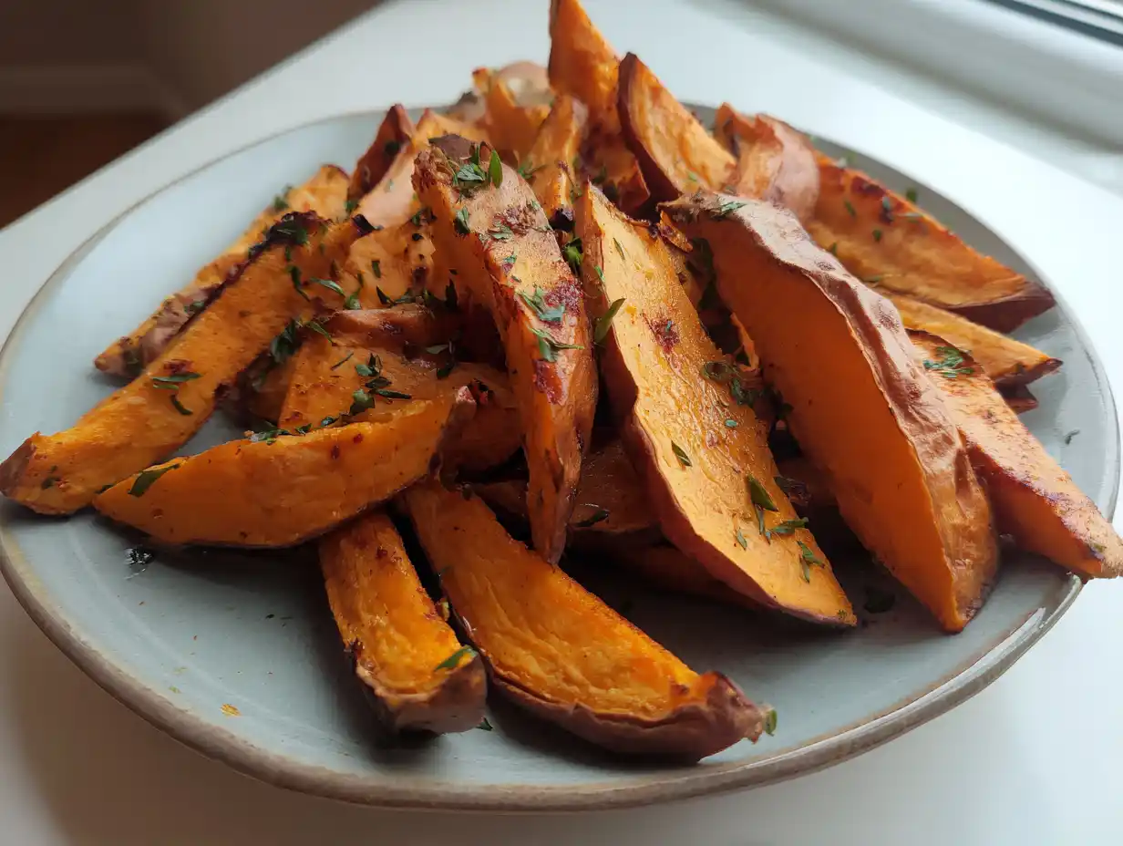 sötpotatis i ugn serverad i klyftor med rostad yta, mjuk insida och lite persilja på ett enkelt fat.